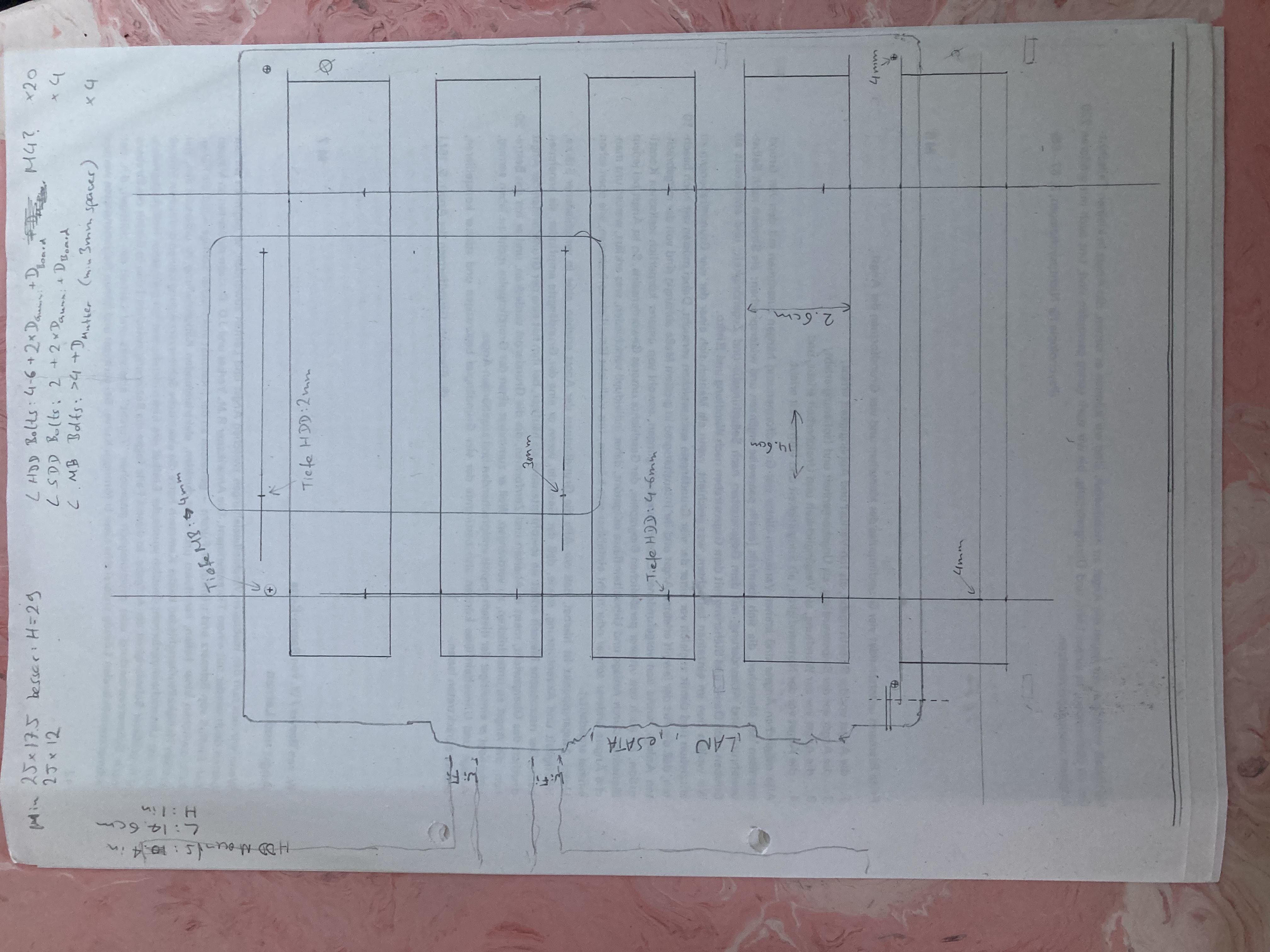 Paper sketch of outlined HDDs and mounting holes